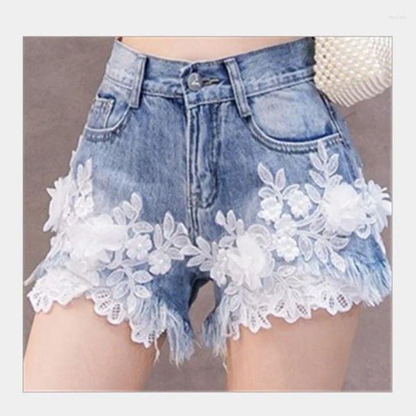 Damenjeans ZXRYXGS 2023 Weiße Spitze Blumen Denim Damen Mode Cowboy Shorts Stickerei Perlen Große Größe