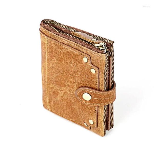 Carteiras vintage homens carteira de couro cavalo louco pequeno mens curto zíper moeda bolsa retro walet masculino rebite titular do cartão portfel