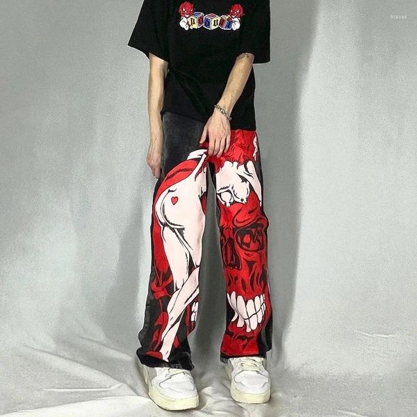 Jeans masculinos y2k graffiti impressão baggy chique gótico perna larga calças jeans oversize hip hop calças harajuku 2000s solto streetwear fundo