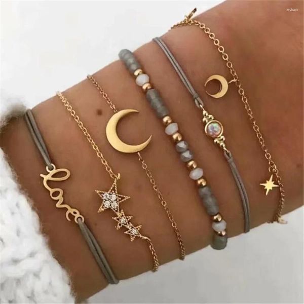 Strand Boho Moda Vintage Cristallo Stella a cinque punte Corna Sole Lettere inglesi Set Bracciale per donna Gioielli multilivello con perline colorate