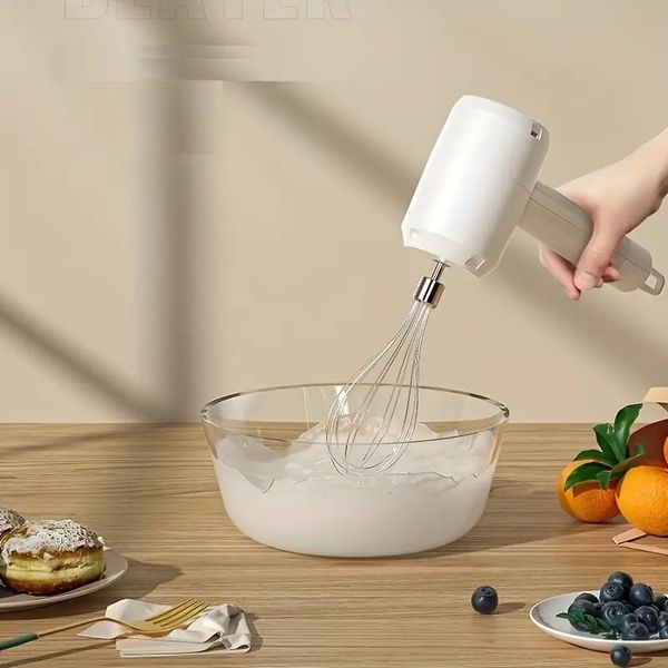 Liquidificador de mão branco leve de 3 velocidades, misturador elétrico, batedor de ovos, recarregável por usb, com acessórios de batedor de aço inoxidável