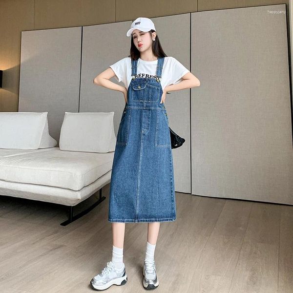 Casual Kleider Frauen Lose Denim Kleid Damen Verstellbaren Riemen Jeans Weibliche Spaghetti Zurück Schlitz Vintage Cowboy Herbst