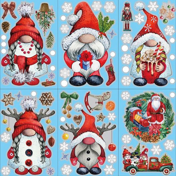 Adesivos para janelas 9 folhas / pacote Natal Gnome Janela Clings Decalques reutilizáveis Adesivos de parede Papel de parede de Natal para janelas de vidro Decoração de casa de férias 231201