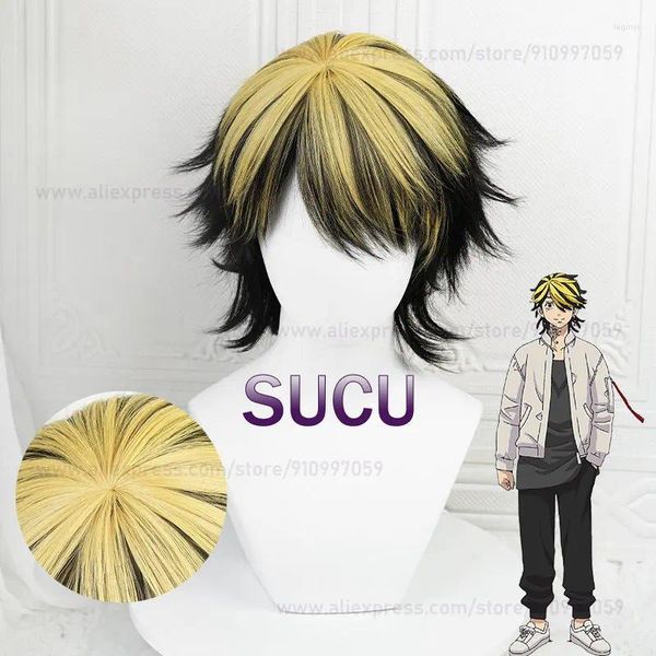 Articoli per feste Anime Tokyo Revengers Hanemiya Kazutora Parrucca Cosplay 37 cm Nero Dorato Corto Capelli sintetici resistenti al calore Parrucche di Halloween