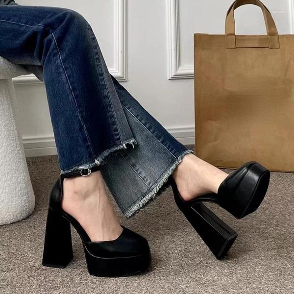 Kleidschuhe Schwarze wasserdichte Abdeckung High Heels Damen 2023 Frühling Dicke Ferse Zehenbox Eimer Mary Jane Einfaches Temperament mit