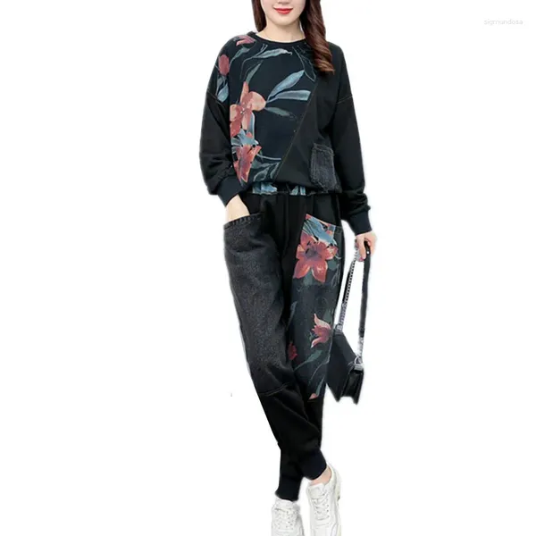 Mulheres Tracksuits Casual Moletom Conjuntos Mulheres 2024 Outono Inverno Mãe O-pescoço Pulôver Tops Moda Denim Hoodie Two-Peça Set Outfits W129