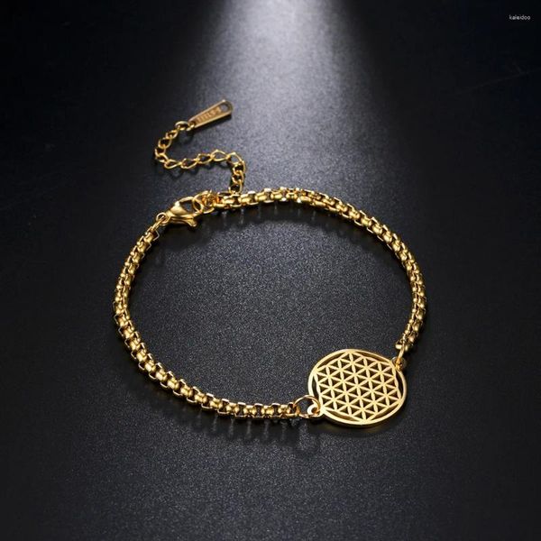 Charme pulseiras atacado flor da vida pulseira de aço inoxidável caixa de cor de ouro cadeia para mulheres menina sorte amuleto jóias presentes