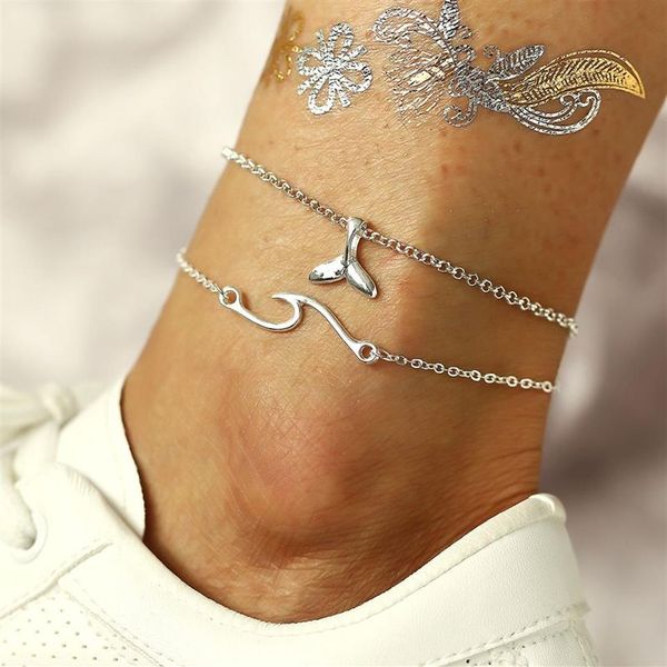 Простые двухслойные ножные браслеты серебряного цвета для женщин, летние пляжные браслеты на щиколотке с волнистым рыбьим хвостом, браслеты на ногу, ювелирные изделия 273g