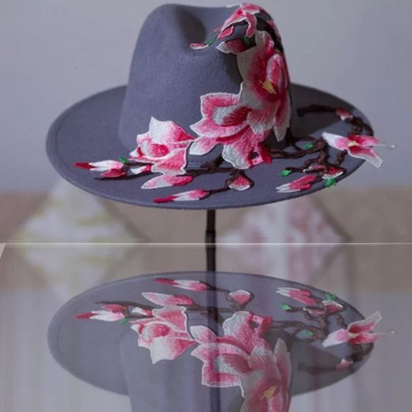 Ampla borda chapéus balde bordado flor fedora chapéu 3d casamento homens e mulheres jazz 2023 produto lançamento sombrero 231202