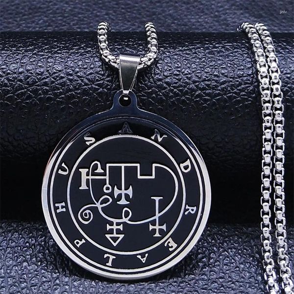 Anhänger Halsketten Goth Siegel von Andrealphus Satan Dämon Halskette Hohl Edelstahl Runde Silber Farbe Gothic Schmuck Geschenke N7728S03