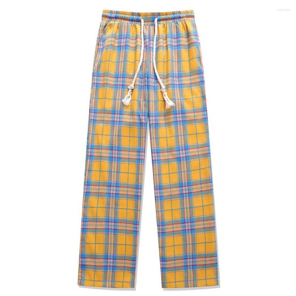 Мужские брюки с эластичной резинкой на талии, желтые клетчатые мужские прямые брюки Harajuku, хлопок