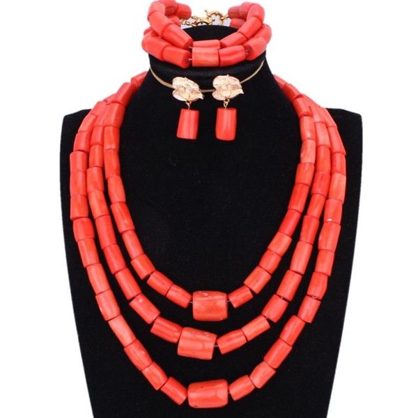 Conjunto de joias de miçangas de coral originais robustas para casamentos nigerianos laranja ou vermelho africano feminino colar noiva joias de noiva 173B