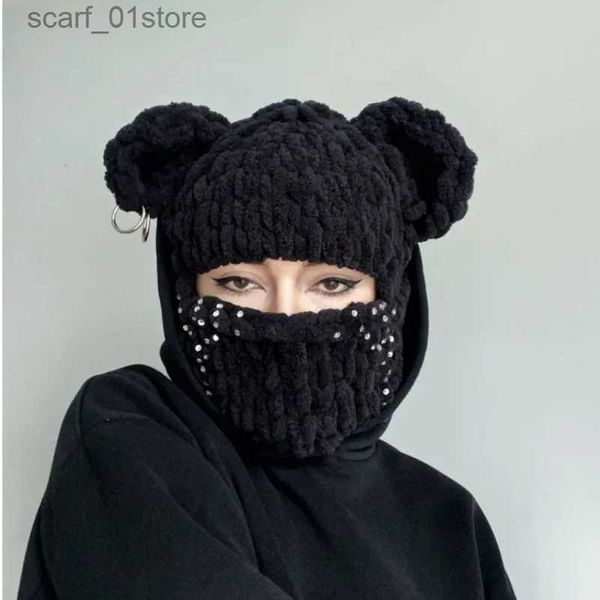 Beanie/Skull Caps 2023 Novità Bear Ear Balaclava Berretti Catena Outdoor Sci Cappello invernale per le donne Protezione per le orecchie Cappello lavorato a magliaL231202