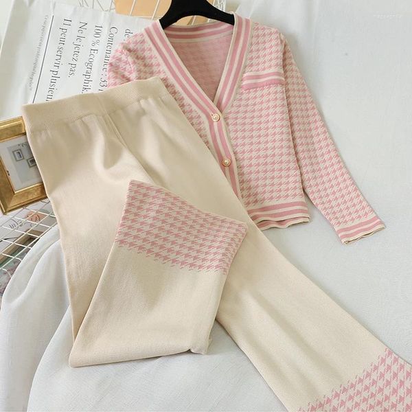 Mulheres de duas peças calças mulheres malha houndstooth cardigan manga comprida camisola casaco perna larga define elegante jaqueta com decote em v calças 2pcs xadrez