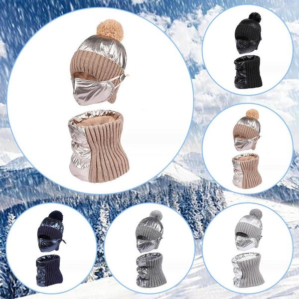 Accanlar kış örgü şapka seti 2 adet ağız koruyucusu bere şapkaları ve fular şal setleri açık rüzgar geçirmez kapak boyun atkı