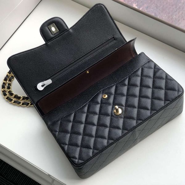 10A hochwertige Jumbo-Tasche mit doppelter Klappe, Luxus-Designer, 25 cm, echtes Leder, Kaviar-Lammfell, klassische, komplett schwarze Geldbörse, gesteppte Handtasche, Schultertaschen