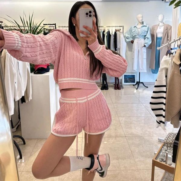 Fatos femininos estilo coreano conjunto de roupas femininas manga longa zíper gola marinheiro camisola cordão cintura shorts torções mulheres