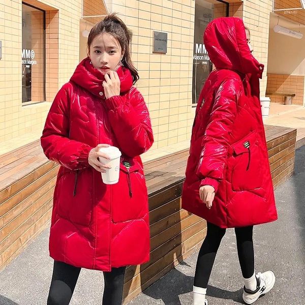 Kadın Trençkotları Yıkama Filmleri Parlatıcı Pamuklu Çaplı Ceket Kadın Palto Kore Uzunluğu Gevşek Kapşonlu Kalın Sıcak Parker Ceket 2023