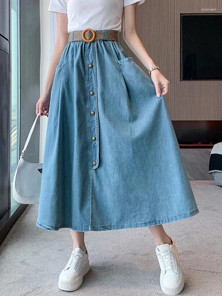 Röcke 2023 Vintage Lange Denim Für Frauen Koreanische Casual Taschen EINE Linie Gürtel Hohe Taille Midi Jeans Rock Weibliche Blau