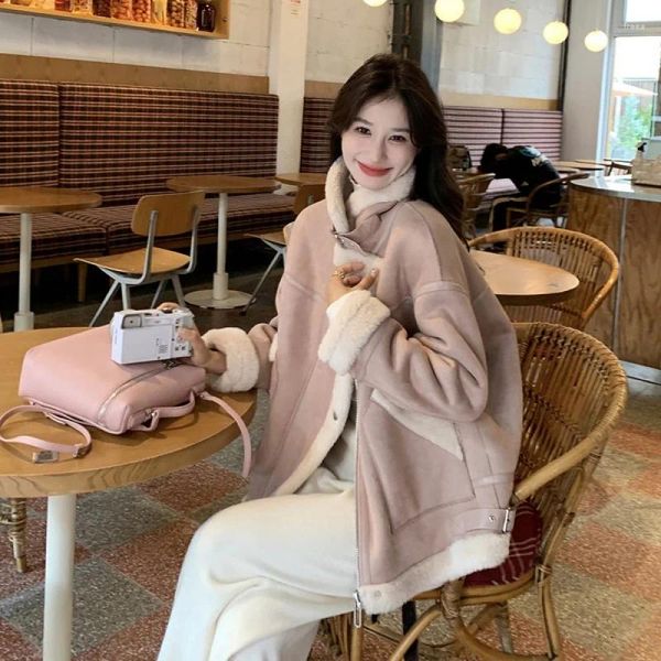 Jaquetas femininas casaco de pele inverno pequeno espessamento gola estilo coreano rosa retro curto lã de cordeiro algodão-acolchoado jaqueta macia