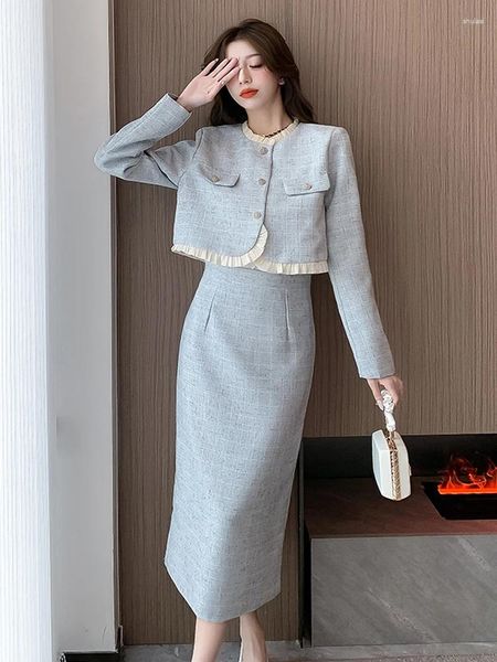 İş Elbiseleri Sonbahar Kış Moda Tweed Kırpılmış Ceket Etek Setleri Retro Kısa Ceket Yüksek Bel İnce Bodycon İki Parçalı Kadın