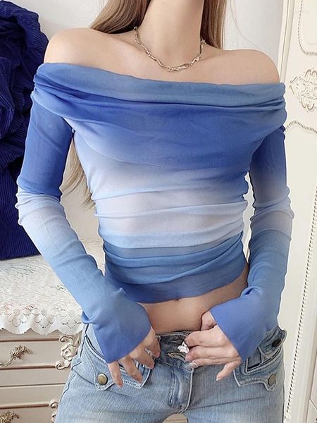 Женские блузки 2024, сексуальная синяя базовая рубашка с градиентом и рюшами, футболка с длинными рукавами и открытой спиной, футболка Femme, узкие укороченные топы с открытыми плечами