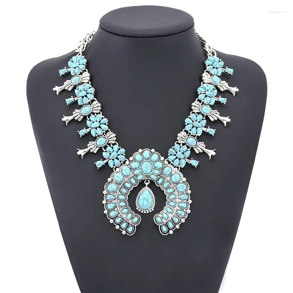 Halsband Western-Schmuck Großhandel American Style Accessoires Squash Blossom Blau Türkis Große klobige Statement-Halskette für Frauen