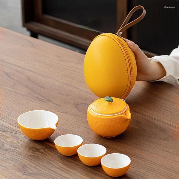 Conjuntos de chá Limão Kuai Ke Cup Viagem ao ar livre Conjunto de chá portátil um pote três xícaras cerâmica chinesa requintado e bonito