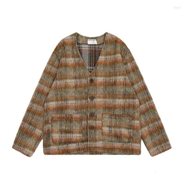 Giacche da uomo Y2k Cardigan in mohair scozzese marrone Maglione lavorato a maglia in misto lana Unisex Streetwear Ropa Hombre Cappotto in pelliccia con scollo a V Oversize Casual