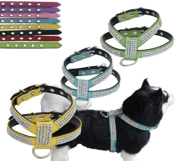 Collari per cani Guinzagli Pelle scamosciata Strass Pettorina Cucciolo Gilet di cristallo scintillante per gatti di piccola taglia Animali domestici Chihuahua Barboncino Shih Tzu Y5G2475595