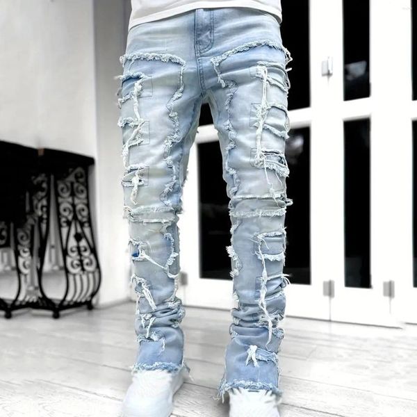 Männer Jeans Europäische und amerikanische Mode Männer Straße elastische Patch gerade Ins zerrissene Denim-Hosen Retro 90er Jahre Streetwear