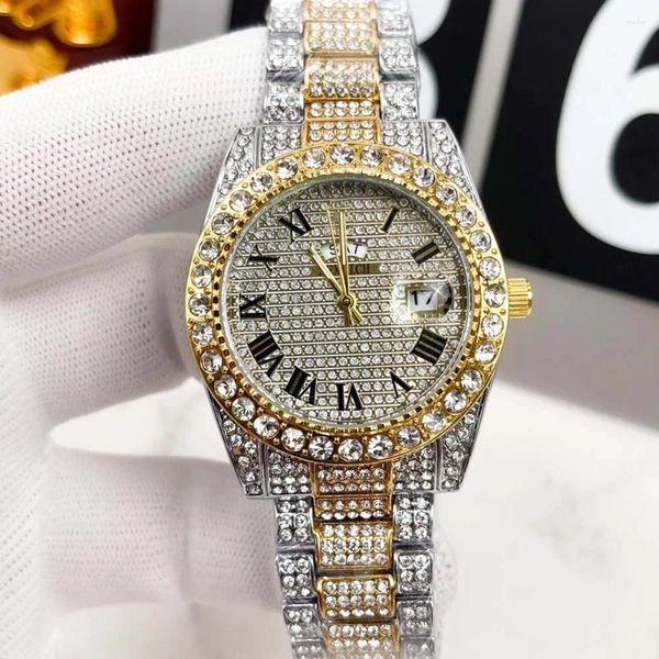 Hollwatches Luxury ile tam elmas orijinal marka saatleri için buzlanmış otomatik tarih takvim izleme moda hip hop kuvars