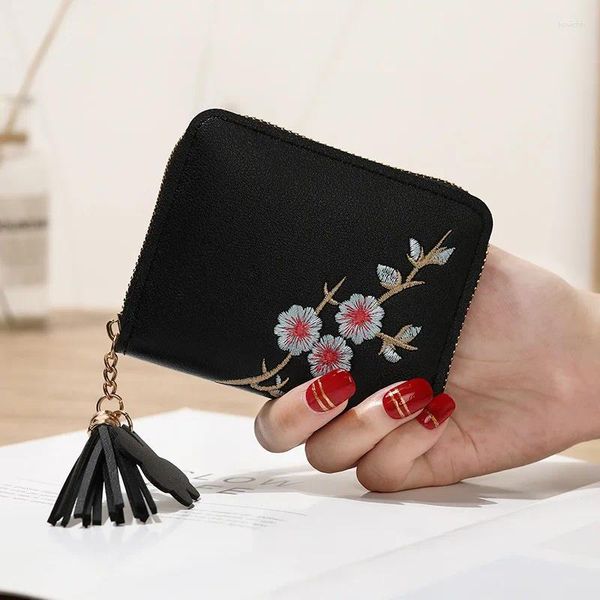 Portafogli Portafoglio ricamato prugna Stile cinese da donna Cerniera corta da donna Piccola pochette Porta carte Portamonete femminile Portfel Damski