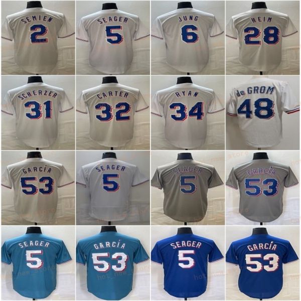 53 Adolis Garcia 6 Josh Jung Maglie da baseball 2 Marcus Semien 5 Corey Seager 28 Jonah Heim 31 Max Scherzer 34 Nolan Ryan Bianco Blu Grigio cucito