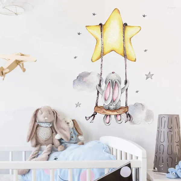 Adesivos de Parede Dos Desenhos Animados Balanço Bonito Nas Estrelas Decalques Do Berçário Do Bebê Para Quarto De Crianças PVC Removível DIY