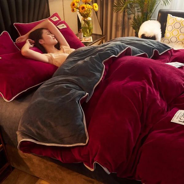 Conjuntos de cama WOSTAR Inverno quente sólida flanela colcha capa de veludo velo luxo cama dupla edredão king size conjunto de cama consolador 231202