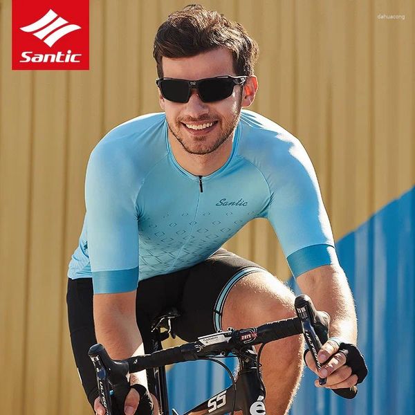 Jaquetas de corrida Santic Professional Men Ciclismo Jersey Primavera Verão Manga Curta Respirável Anti-Suor Roupas Meio-Aberto Zíper