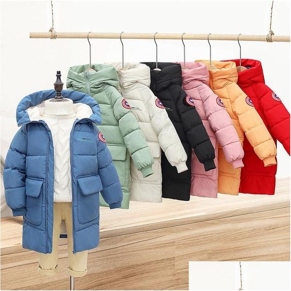 Down Ceket Bebek Erkek Ceketler Kış Coats Çocuklar Kalın Uzun Çocuklar Sıcak Dış Giyim Kapüşonlu Kızlar Snowsuit Palto Kıyafetleri Solid Dr Dh9vt