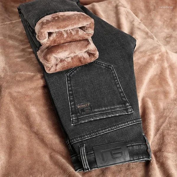 Jeans da uomo 2023 Moda invernale in pile Caldo business Casual Regular Fit Addensare Blu Grigio Pantaloni in denim Pantaloni di alta qualità