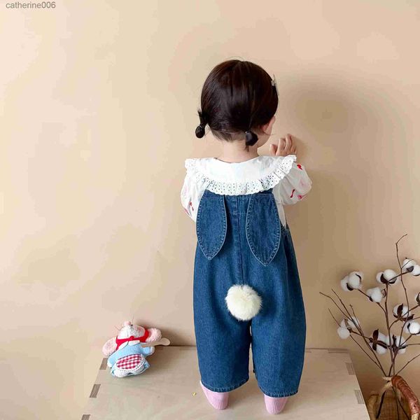 Kleidung Sets 2023 Herbst Korea Baby Mädchen 2PC Kleidung Set Baumwolle Cartoon Gedruckt Hemd Denim Kaninchen Ohr Hosenträger Hosen anzug Infant Mädchen OutfitL231202