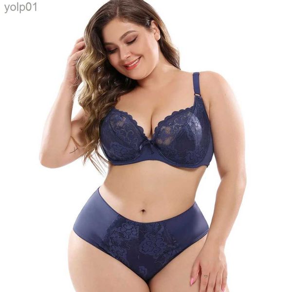 Set di reggiseni Set di reggiseni da donna in pizzo floreale Plus Size Fe Lingerie Coppa piena Reggiseno e slip sfoderati Set Slip ultra sottile 6 colori C D DD E FL231202