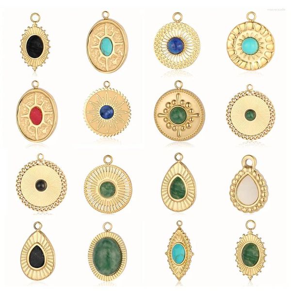 Encantos 3 pçs/lote espelho turquesa polido 316 aço inoxidável diy charme ágata oval pedra natural jóias africano jade colar pingente