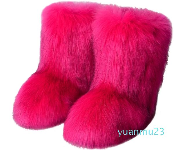 Warmer Winterpelzstiefel mit flachem Absatz und hohem Oberteil und tiefem Mund, rundem Kopf und mittlerem Schaft, künstliches Fuchshaar, Schneefurie-Stiefel für Damen