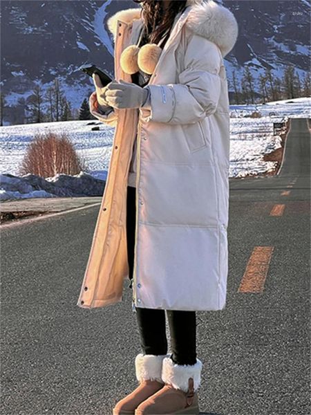 Trench da donna Eotvotee Parka Giacca autunno-inverno per le donne 2023 Moda coreana lunga con collo in pelliccia Cappuccio addensare caldo capispalla da donna