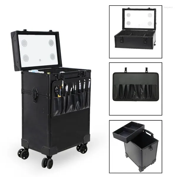 Valigie Valigia da trucco da viaggio di lusso Luce a LED da donna Manicure professionale di grande capacità con ruote Trolley con custodia per PC