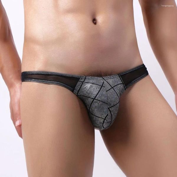 Cuecas masculinas sexy malha retalhos de couro elástico g-string briefs tanga bikini roupa interior bolsa bulge calcinha masculina t-back