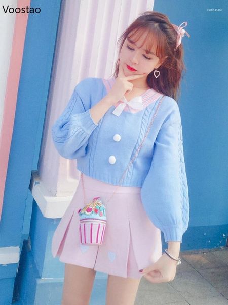 Damenpullover Korean Sweet Lolita Frauen V-Ausschnitt Strickpullover Vintage Lose Pullover Niedliche Schleife Japanische Mädchen Preppy Style Pullover Crop