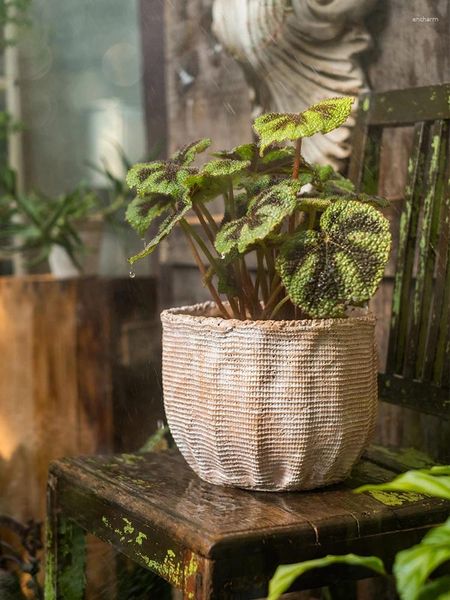 Vasos textura de linho cimento decorativo vaso de flor bacia varanda pátio retro jardinagem personalidade ins