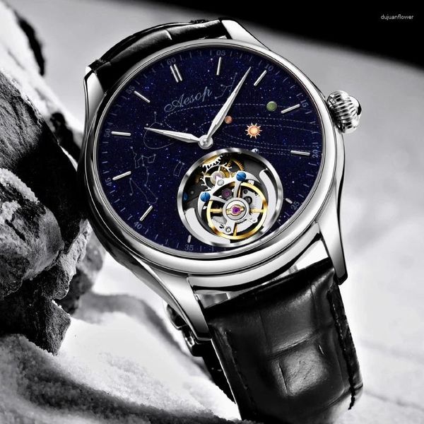 Наручные часы AESOP Flying Tourbillon Мужские механические часы Milky Way Star Diamond Сапфировый циферблат Часы-скелетон Полые 1963