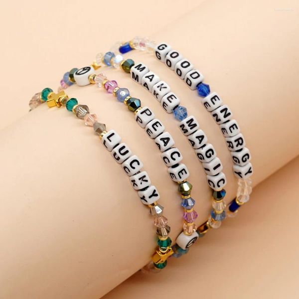 Strand BohoBliss Bracciale in cristallo invernale per donna Parola personalizzata Faccina felice Fascino Gioielli fortunati Piccolo cubo Lettera Perlina elastica